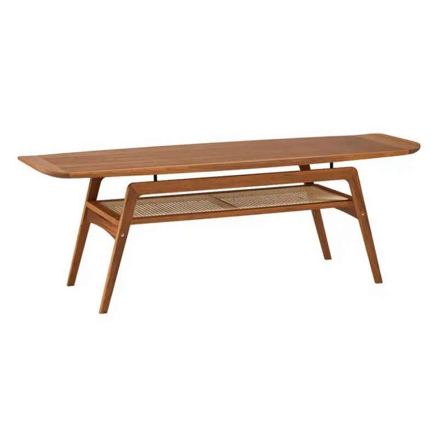 Coffee Tables * | Warm Nordic Surfboard Coffee Table With Shelf, Teak French Cane